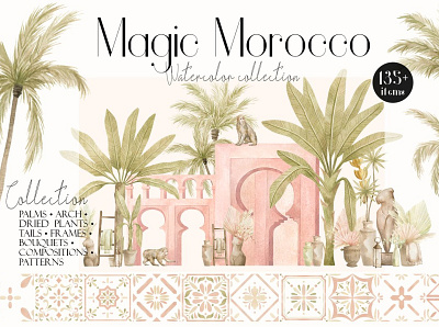 Magic Morocco. Architecture and Palm aesthetic architecture clipart concept design floral flowers graphic design graphics illustration illustrations jungle magic modern texture tropical tropical flyer tropical leaves urban vector