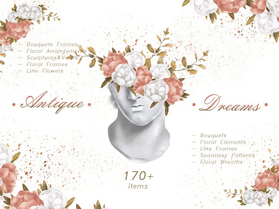 ANTIQUE DREAMS Flowers & Leaves Pack antique antique dreams bouquet clipart design floral floral clipart floral elements floral flowers floral wreath flowers frames graphic design illustration illustrations leaves leaves pack line frames seamless patterns vector