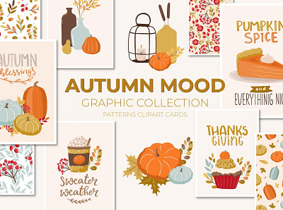 Autumn Mood Patterns&Clipart Bundle art autumn autumn collection autumn flyer autumn leaves autumn party background clipart clipart bundle clipart element design floral flowers illustration mood moodboard pattern patterns vector watercolor