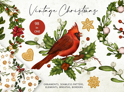 Vintage Christmas. Big Graphic Kit. art background big big graphic big graphic kit borders design elements fabrics graphic elements graphic kit illustration ornaments paper seamless patterns vector vintage vintage christmas wallpaper wreaths