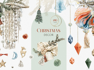 Christmas Decor Watercolor Set christ christian christmas christmas card christmas flyer christmas party christmas tree decor decorate decoration decorations decorative design flowers illustration print printing watercolor watercolor set wrapping