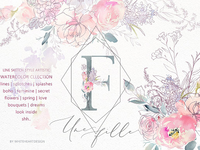 Une Fille Watercolor Artistic Set botanical feminine design floral clipart flower drawing hand painted clipart line flower illustration logo design seamless patterns watercolor artistic set watercolor flowers wedding stationary wreaths clipart