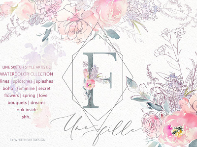 Une Fille Watercolor Artistic Set bohemian wedding boho florals botanical bouquets feminine feminine design floral clipart flower drawing flowers graphics collection seamless patterns watercolor flowers