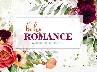 Boho Romance - Watercolor Collection boho romance digital paper floral arrangement floral bouquet floral frame floral wreath flowers peony seamless pattern watercolor watercolor collection