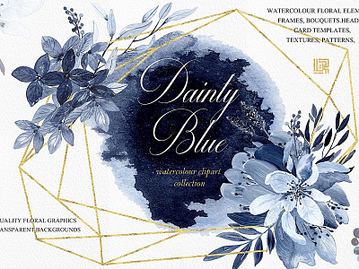 Dainty blue. Navy blue flowers blue watercolor delicate blue dramatic blue golden frame logo modern invitations navy blue flowers navy blue frames navy blue textures watercolor