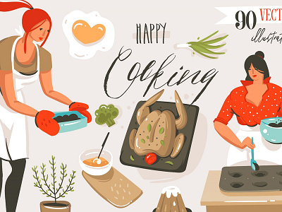 Happy Cooking cooking cooking people food blog hand drawn illustration kitchen lettering people people character scene creator seamless pattern vector people