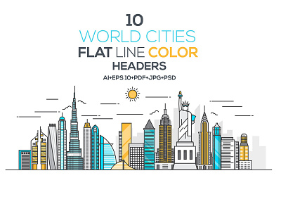 Set of Flat Line Color Concepts background cityscape concepts design flat line illustration landscape modern skyline vector world cities