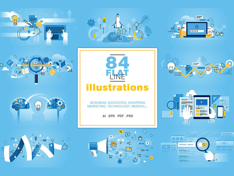 Flat Line Illustrations Bundle marketing social media real estate technology flat education illustrations flat line illustrations business vector website line