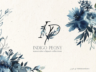 Indigo Peony Watercolor Floral Set blue flowers feminine design floral graphics indigo clipart logo elements navy leaves navy peony png peony bouquets stationary design watercolor flowers wedding stationary wreaths