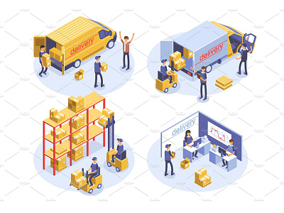 Delivery - 4 illustrations background banner business concept creative delivery delivery app design development flat icon icons illustration isometric landing page vector web app website