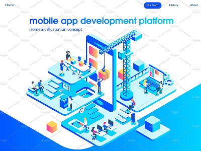 App development and startup concept. app app development application application ui apps banner business design development flat illustration isometric isometric design isometric illustration concept landing landing page moible page vector web