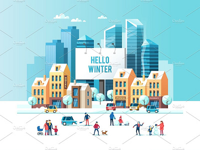 Urban Winter Landscape with People architecture background building cityscape concept design illustration landing page landscape landscape architecture modern people urban background urban winter landscape vacation vector winter winter landscape winter scene