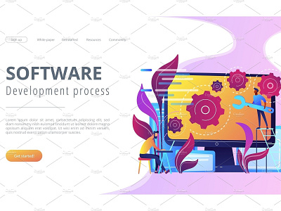 Back end development it concept app background banner concept creative design development gold illustration landing landing page people process software technology vector web development website