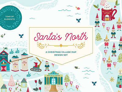 Santa's North Christmas Village background cards christmas christmas card christmas illustrations christmas village christmas village map concept design design set flowers frames holiday holiday kit illustration santa snow vector village winter map