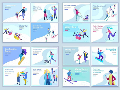 Winter activities. Landing pages set background banner concept design development header header design illustration landing landing pages page peoples snow snowman vector web app web header website winter winter activities