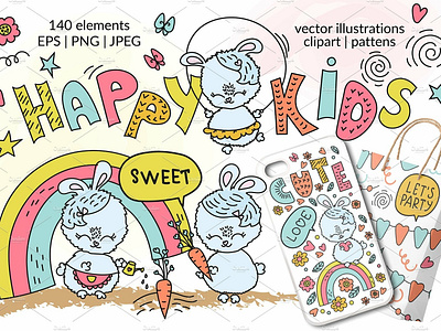 HAPPY KIDS 3d cardmaking alphabet birthday parties clipart decoration decorations design fabrics greeting cards happy kids home decorations invitations planner stickers print print design scrapbooking seamless pattern vector illustration wall art wedding decorations