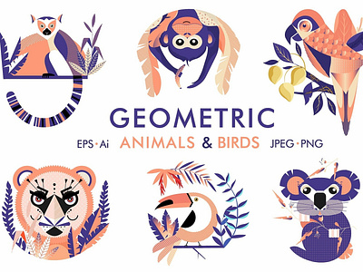 Geometric animals and birds abstract animlas birds cartoon colorful flamingo flat geometric geometric animal geometric animals geometric bird geometric birds graphic illustration monkey parrot template vector vector geometric animals wild animals