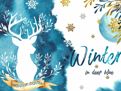 Winter in deep blue. Watercolor animals background blue cute decoration deep blue deer element floral flowers forest frame greeting illustration isolated watercolor watercolor background watercolor collection wedding winter
