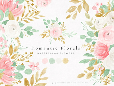 Romantic Florals Watercolor Flowers background bright flowers design floral frames florals flowers foliage gold flowers illustration pink flowers romantic romantic floral romantic flowers vector watercolor watercolor floral watercolor flowers wedding wedding floral white flowers