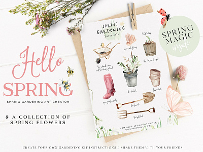 Hello Spring - Gardening Graphics background bee bouquets design floral flowers garden gardening gardening graphics gardening tools graphics hello spring illustration leaves poster spring spring flowers vector watercolor wreath