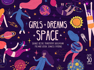 Space Girls ★ Cute set illustration art background cute cute set design design elements dreams galaxy girls illustration planet clipart poster space space background space clip art space clipart space girls space illustration space illustrations vector