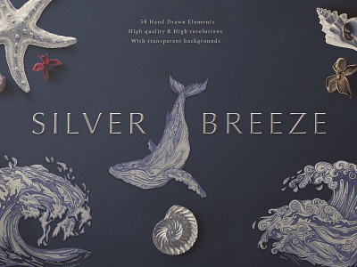 Silver Breeze Collection animals background breeze clipart collection crab decoration design elements graphic design graphics hand drawn hand drawn elements illustration lighthouse shells silver vector vintage waves