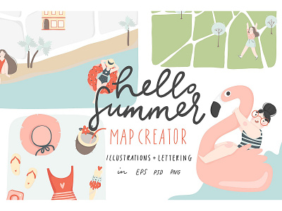 Hello Summer map creator BIG BUNDLE clipart crafts design floral flowers greeting cards hello summer illustration leaves lettering map creator map generator plants summer summer invitation vector website wedding wedding invitation wreaths