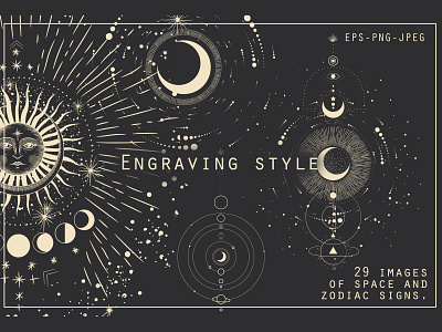 Space set design engraving style galaxy hand icon icons illustration lunar magic moon retro sign signs space space set symbol system vintage zodiac zodiac signs