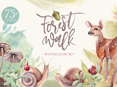 FOREST WALK Watercolor set animal animal set animals brush clipart deer design design elements floral foreset forest clipart forest walk illustration mushroom seamless pattern walk watercolor watercolor clipart watercolor set wreaths