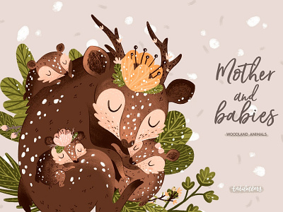 Mother and baby Woodland animals animal animals babies baby bear bunny clipart deer design design elements fox graphic design graphics illustration mother mothers day owl print woodland woodland animal