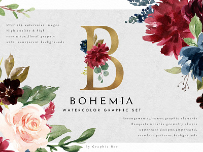 Watercolor Graphic Set-Bohemia bohemia bouquets buds design design elements floral flower flowers foil geometry gold gold foil graphic graphic set leaves seamless seamless patterns shapes watercolor wreaths