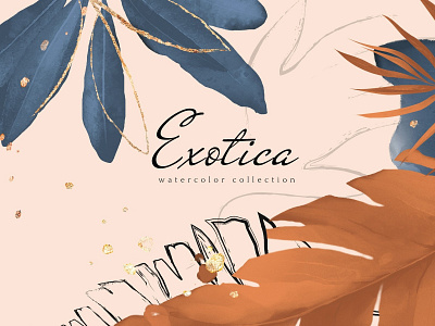 Exotica. Navy Blue & Terracotta background blue clipart concept design design elements exotic floral flowers gold illustration illustrations navy navy blue patterns vector watercolor watercolor clipart watercolor collection watercolor floral
