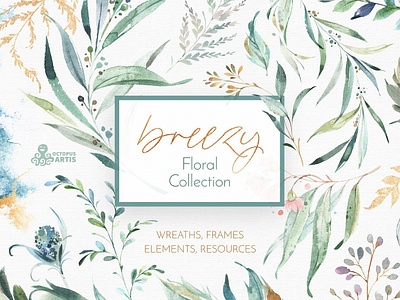 Breezy. Fresh Floral Collection branch breezy design elements floral floral collection floral frame floral watercolor flower forest frames fresh gold golden greenery herbal plants watercolor floral watercolor flowers wreaths