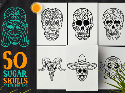 50 Vector Sugar Skulls celebration dead death deaths decoration halloween head mexican scare skeleton skull skull design skull head skulls sugar tattoo vector vector skull vector skulls vector sugar skulls