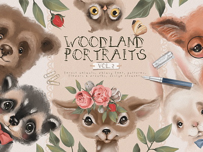 Woodland Portraits Vol.2 animals baby cute design elements floral flowers forest hand drawn illustration patterns portrait portrait design portraits tileable patterns vector whimsy font woodland woodland portrait woodland portraits wreaths