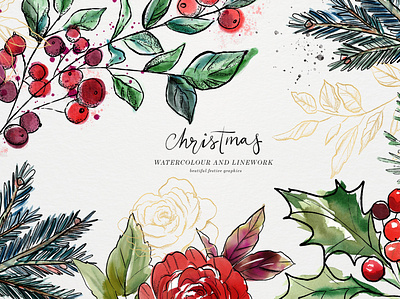Christmas Watercolour and Inky Line bouquets christmas christmas floral christmas flowers christmas watercolor christmas watercolor floral clipart design elements festive floral flowers holly illustration inky line line line art merry trees watercolor wreaths