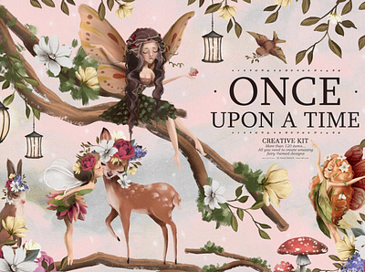 Once Upon A Time Creative Kit adorable woodland adventure animal background clipart concept creative kit design design elements faires fairy floral flowers hand drawn hand drawn faires illustration nature vector watercolor woodland