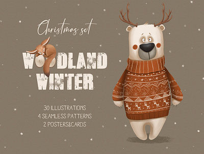 Woodland winter. Christmas set background card card design cards christmas christmas set clipart design illustration illustrations pattern patterns poster poster design poster template posters seamless pattern winter woodland woodland winter