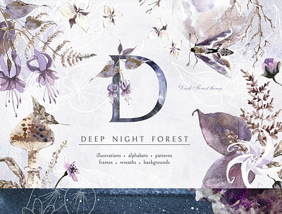 Deep Night Forest graphic kit. background clipart deep design elements floral forest forest graphic forest graphic kit graphic design graphic kit graphics graphics collection graphics kit illustration modern mushroom night vector watercolor