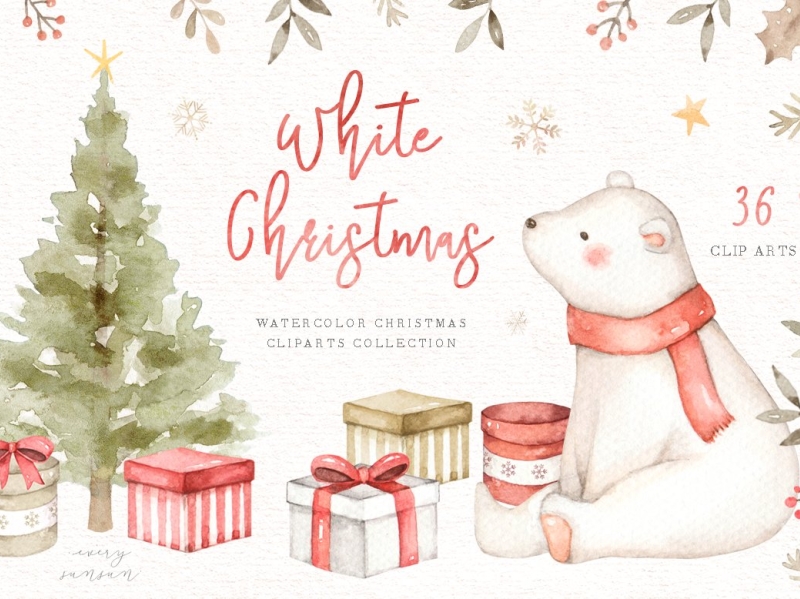 White Christmas Watercolor Clip Arts By Graphics Collection On Dribbble