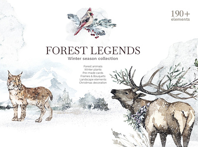 "Forest Legends" Winter animals set animal animals art bear clipart deer design design elements floral forest legends fox graphic graphic design graphic elements illustration landscape natura winter winter animal winter animals