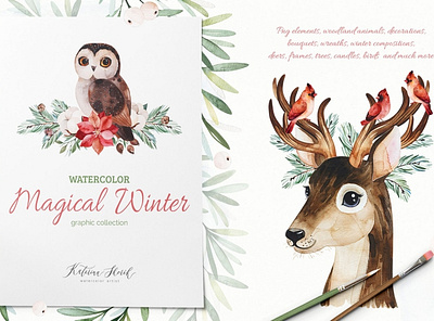 Magical Winter.Watercolor collection art background christmas christmas card christmas party christmas tree christmas watercolor christmas watercolor collection creative design floral flowers handpainted illustration magical winter modern vector watercolor watercolor collection wreaths