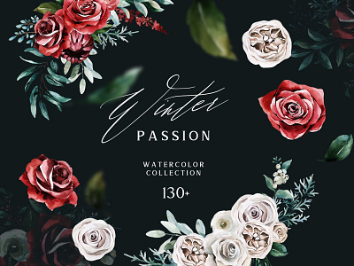 WINTER PASSION Watercolor Floral Set art clipart design design floral floral art floral clipart floral collection floral set florals illustration modern red simple vector watercolor watercolor collection white winter winter passion wreaths