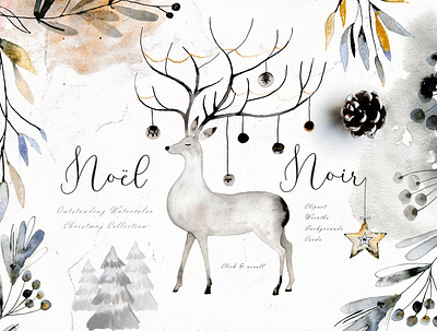 Noel Noir - Watercolor Christmas Set background clipart design design elements gold graphics hand ink joy noel noir painted star stars watercolor watercolor christmas watercolor christmas set watercolor clipart watercolor set winter wreath