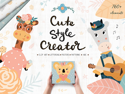 Cute Style Creator adorable animal background character character buidler character design characters clipart cute style creator design graphic graphic elements illustration kid kids lettering phrases pattern patterns posters vector