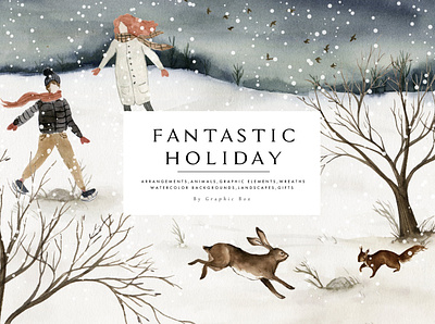 Fantastic Holiday-Winter collection background bear clipart deer design fantastic gift graphic design holiday holiday winter house landscape leaf snow squirrel tree watercolor winter winter clipart winter collection