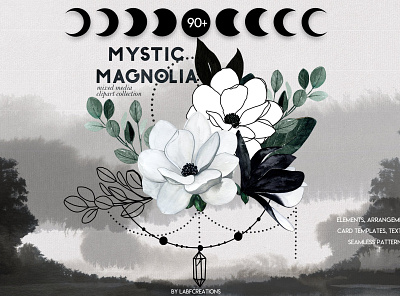 Mystic Magnolia. Black white flowers background black bouquets clipart concept design floral flowers graphic graphic design graphic elements graphics illustration magnolia mystic magnolia vector watercolor white white flower wreaths