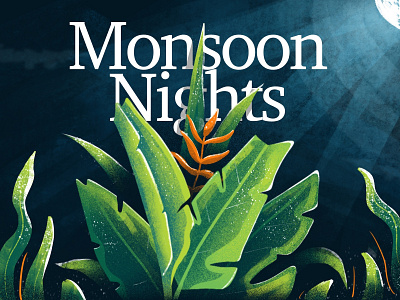 Monsoon Nights blue bushes color concept design dribbleshot flat illustration green greenery illustration lightning monsoon nature night nightlife plant rain texture typography