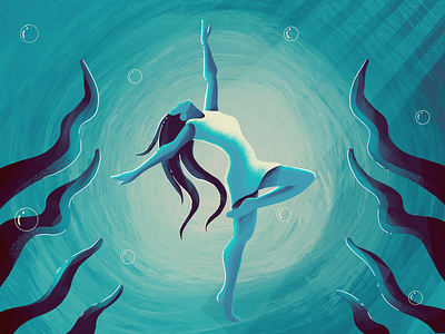 The Aqua Girl-2 abstract aqua art blue color concept dance deepblue dribbleshot fish flat illustration girl illustration plants sea shades texture underwater vector