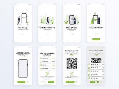 App for selling your phone. app clean green minimal mobile app design pay qr code test testing ui ux white